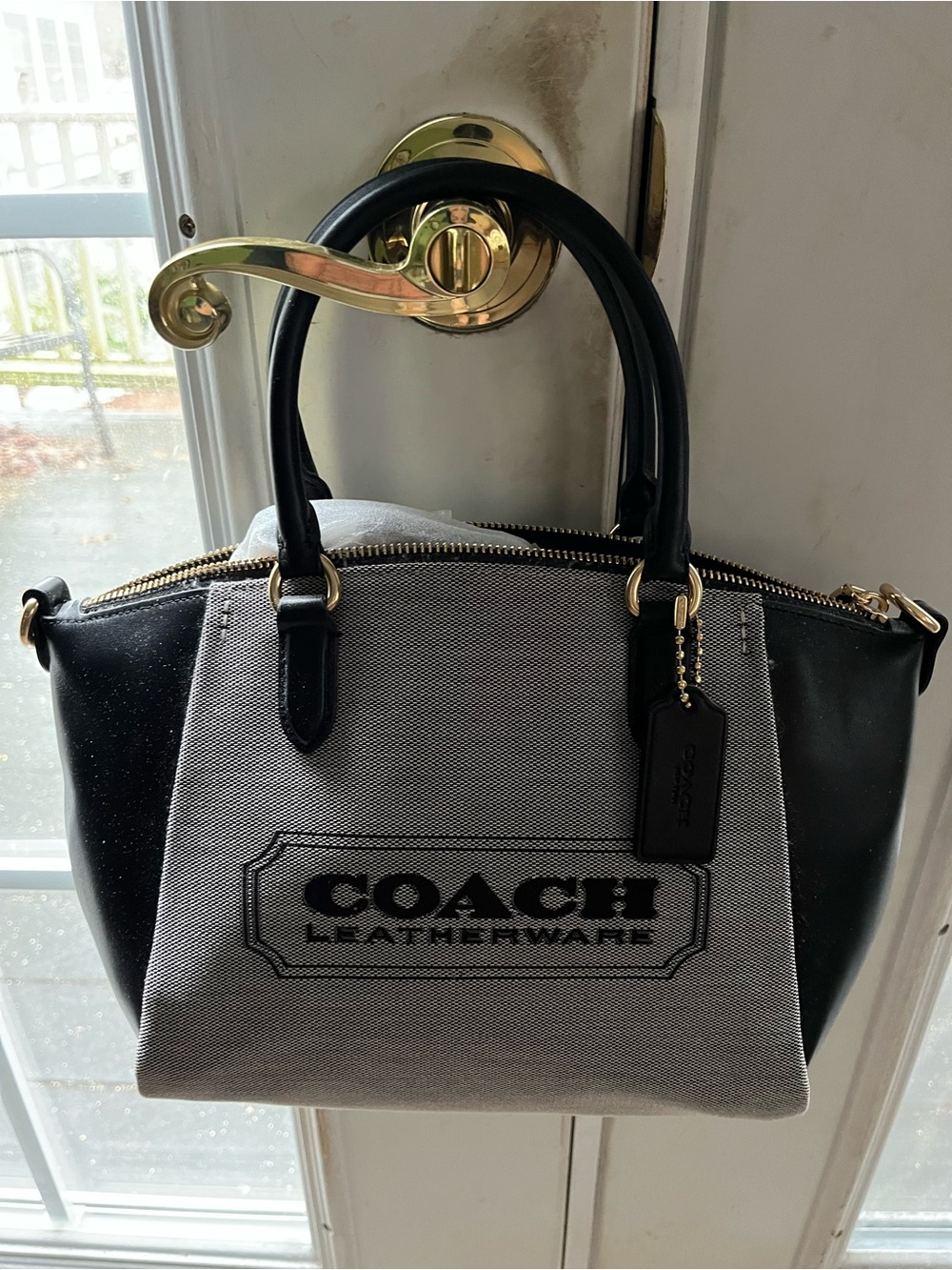 Coach Two-Tone Canvas & Leather Satchel in Black and Beige - Picture 5 of 16